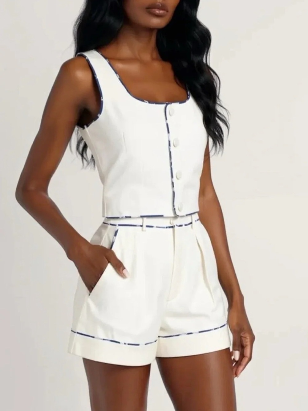Vita Grace~SHOLA PERFECT FIT CONTRAST TRIM DENIM SHORTS | WHITE/SANTORINI BLUE